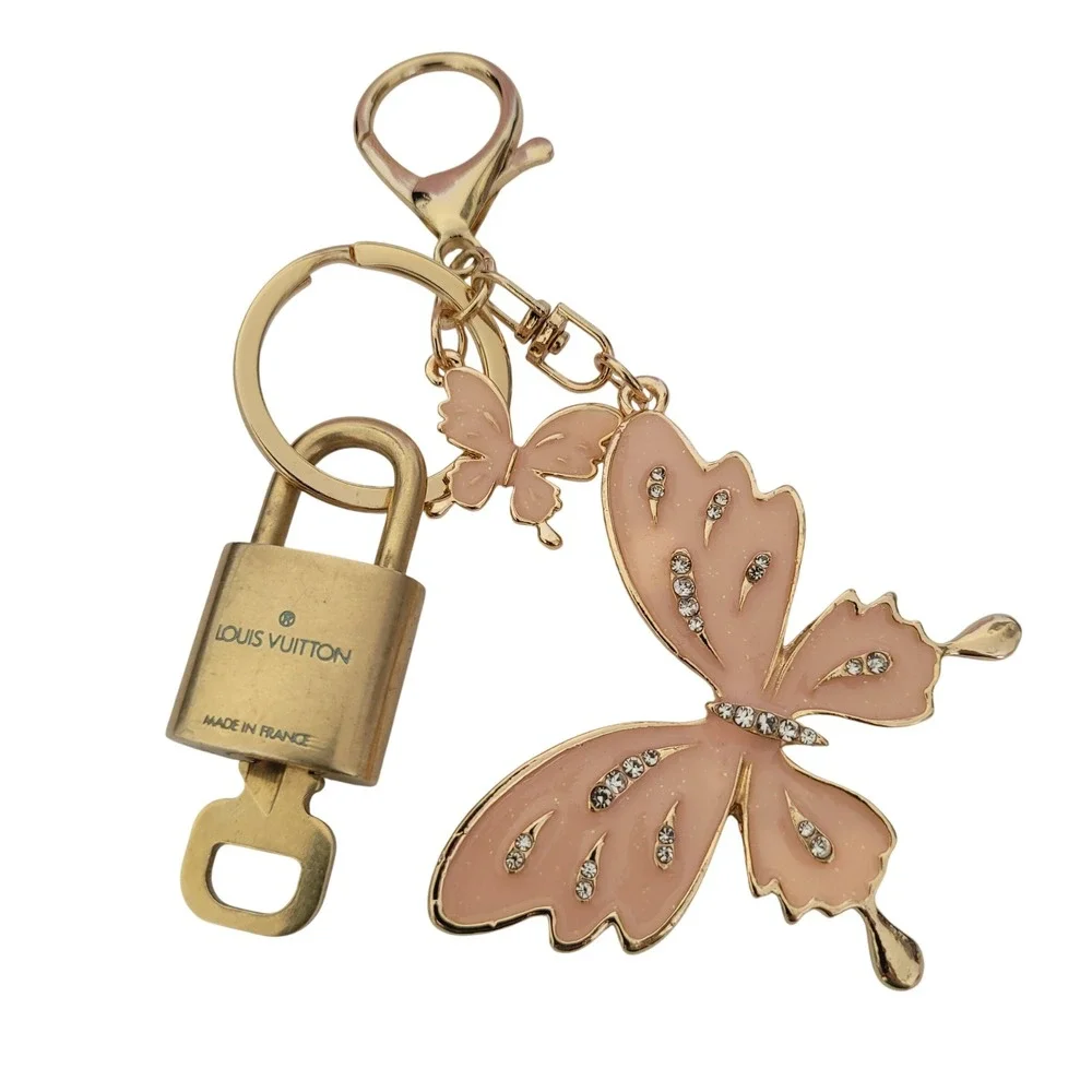 Louis Vuitton Padlock 323 Key Pink Butterfly Bag Charm Keychain Gold Tone
